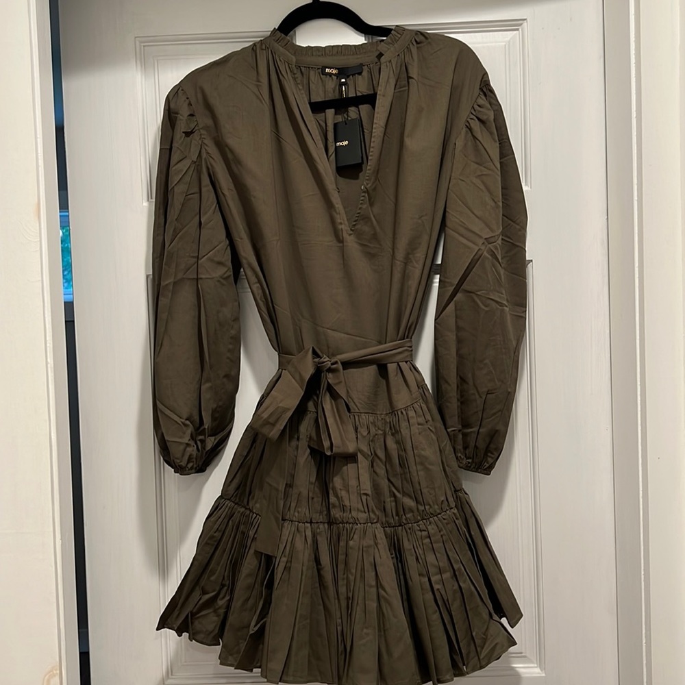 Maje Olive Green Long Sleeve Tiered Mini Dress